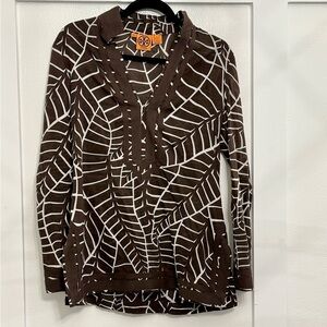 Tory Burch Classic Brown & White Leaf Print Tunic